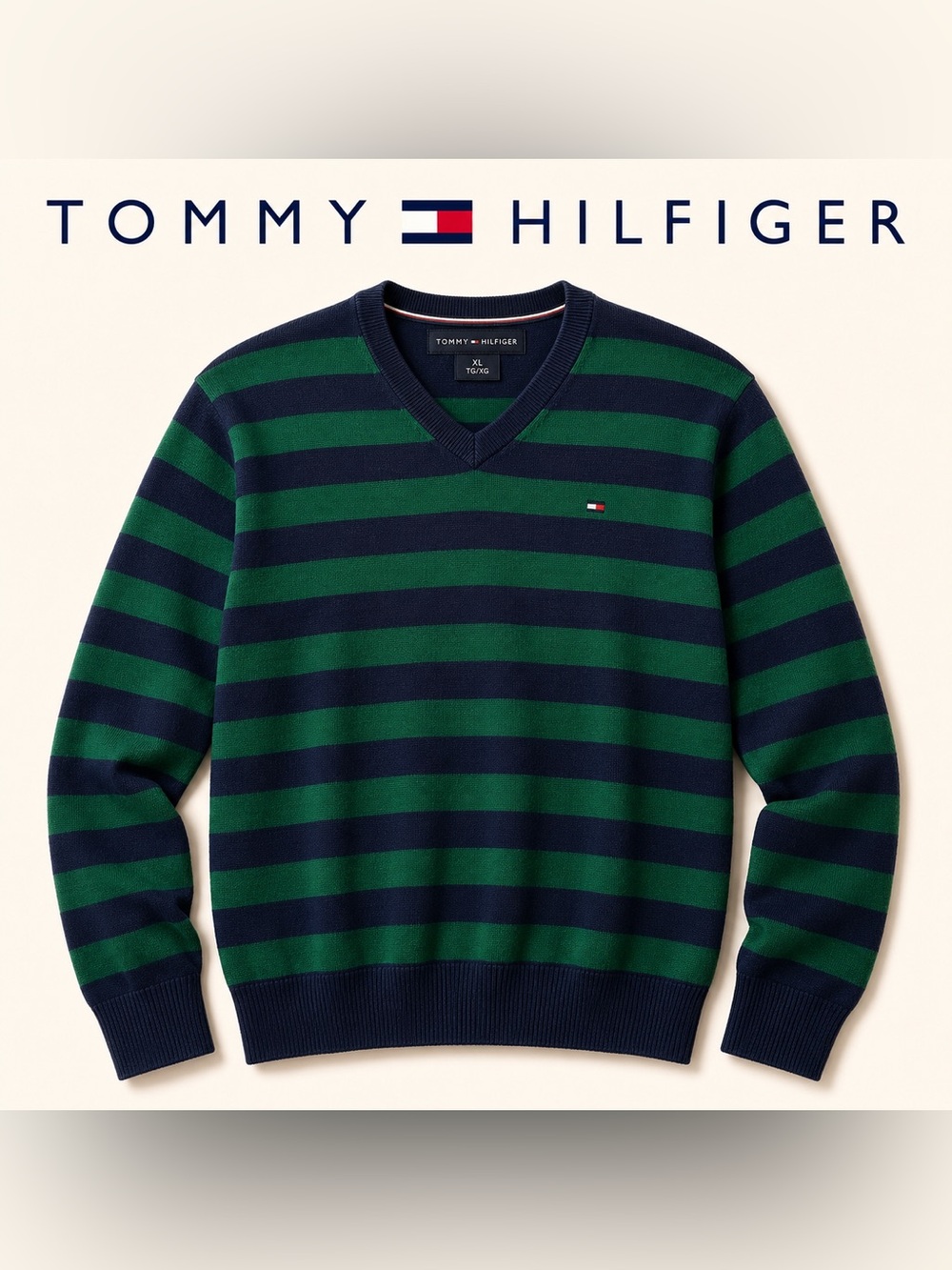 Tommy Hilfiger Men’s Navy & Green Striped V-Neck Sweater
